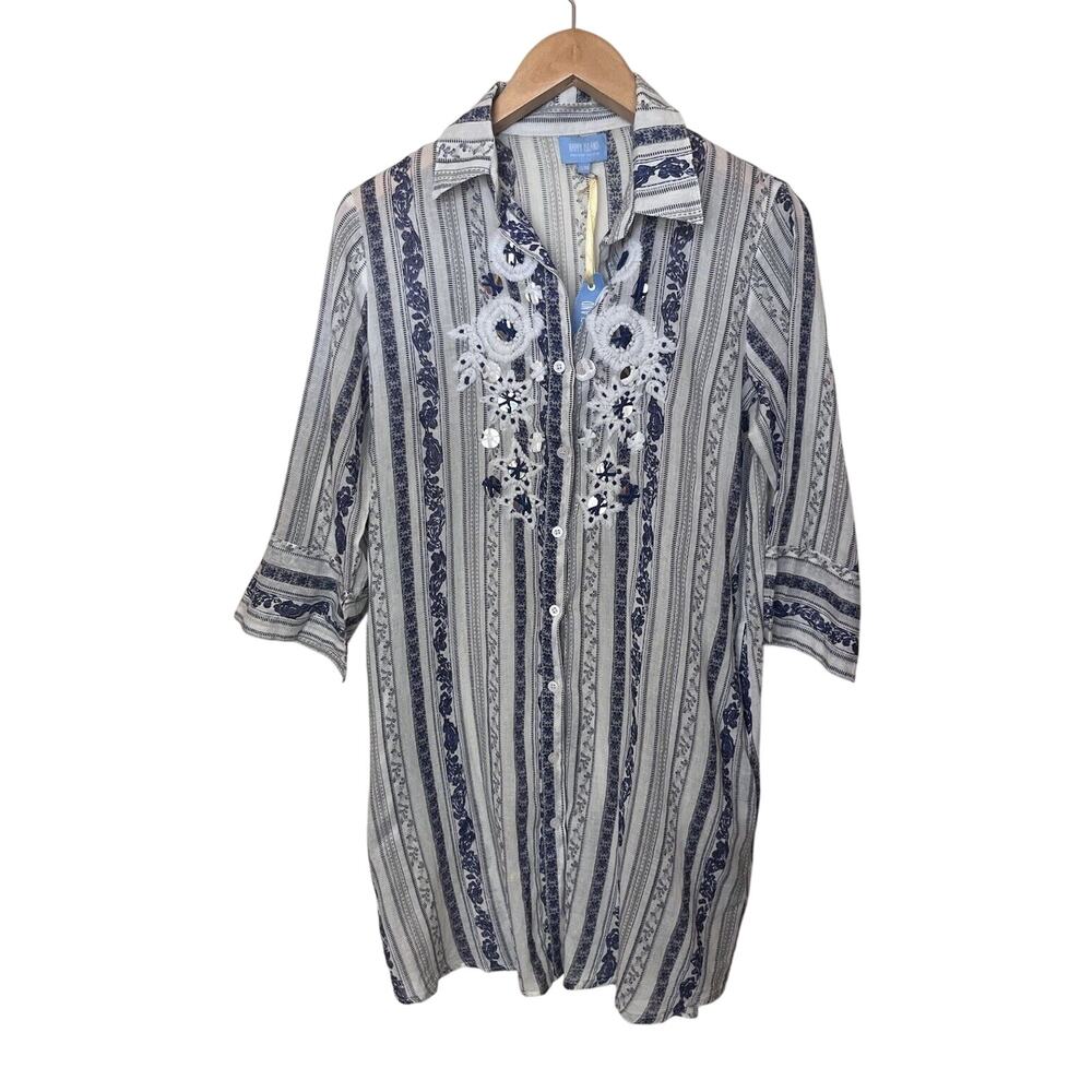 NWT Happy Island White Embellished 3/4 Sleeve Shirt Dress Size Small Medium S/M